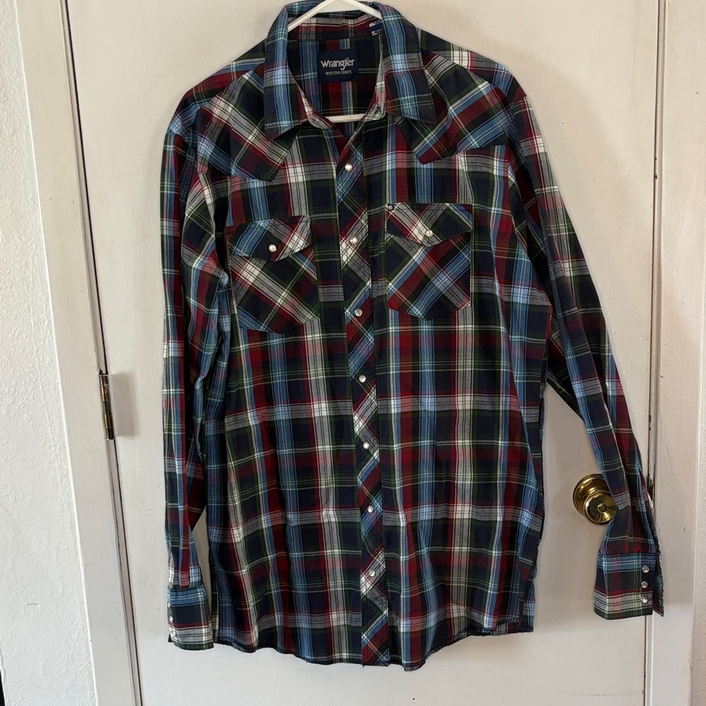Wrangler black blue red green plaid long sleeve western shirt Size Large Tall
